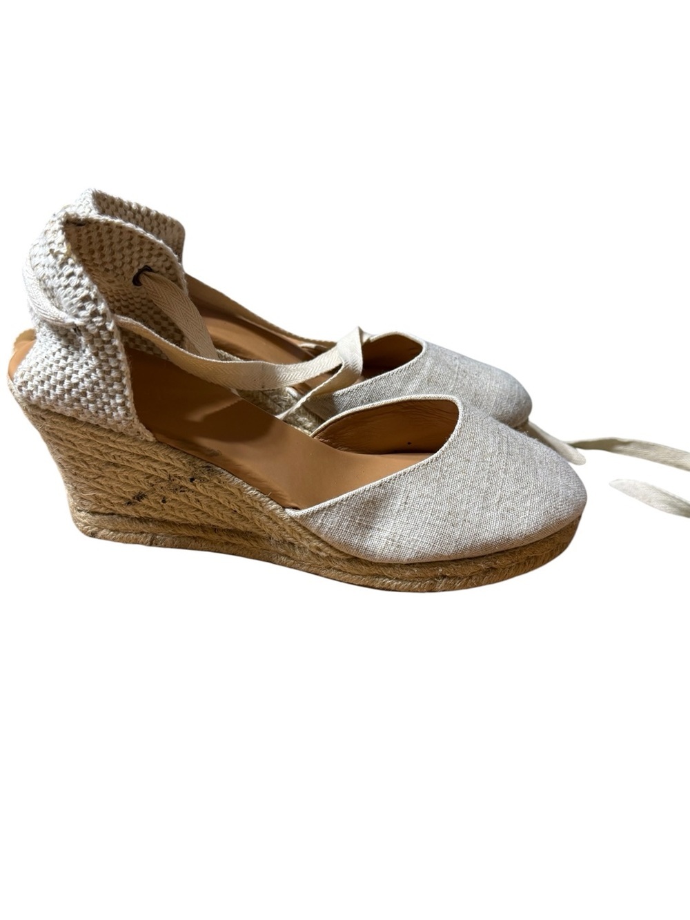 J. Crew Made in Spain Lace Up Espadrille Wedge Sandals Size 8.5 Beige Coastal